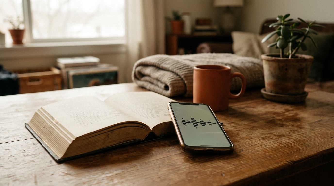 An open book beside a smartphone showing a sound waveform, comparing a printed page with a recorded voice.