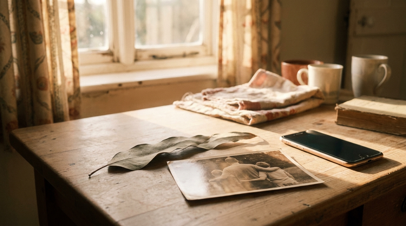 A eucalyptus leaf and an old photograph on a sun-warmed wooden table, evoking family far from home.