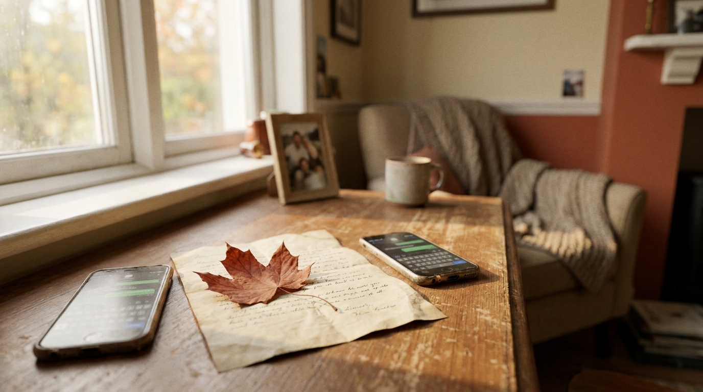 A maple leaf and a handwritten letter on a wooden table in soft autumn light, evoking family far from home.