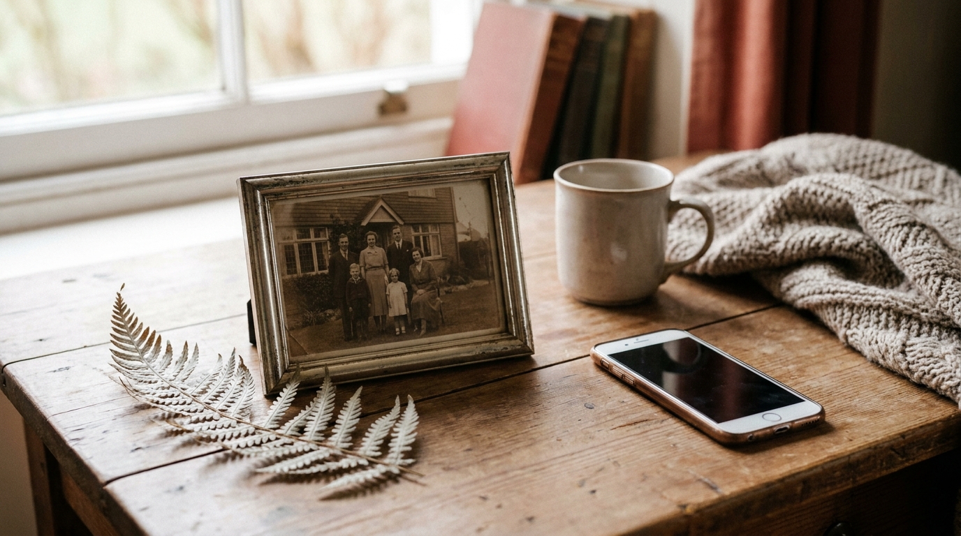 A silver fern frond and an old framed photograph on a wooden table, evoking family far from home.