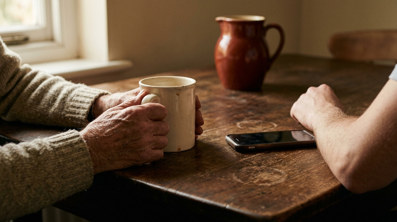 An older parent’s hands around a warm mug, a phone on the kitchen table between two people in afternoon light.