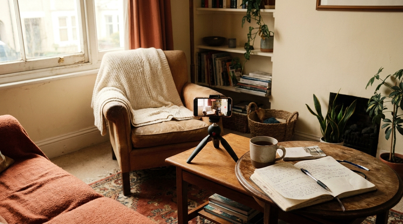 A smartphone on a small tripod set up to record, facing an armchair by a window, with tea and a notebook nearby.
