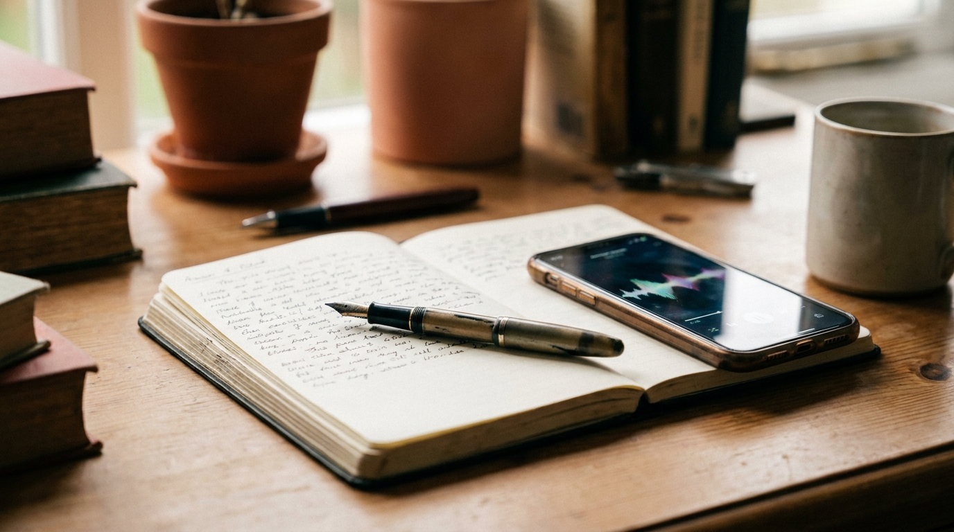 A fountain pen resting on an open notebook beside a smartphone showing an audio waveform.