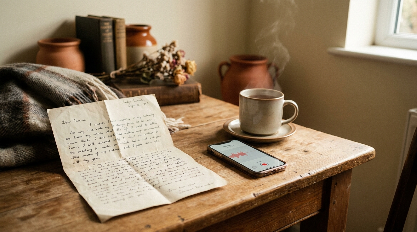 A handwritten letter beside a smartphone recording app and a cup of tea, suggesting more than one language and generation.