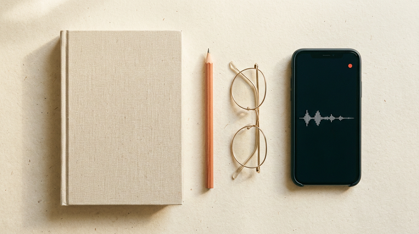 A closed cloth-bound book beside a phone showing an audio waveform — words in a font versus the recorded voice.