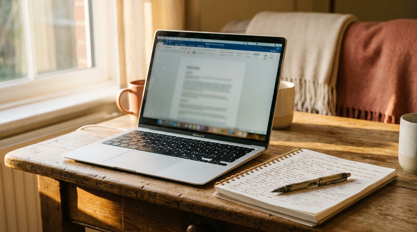 An open laptop showing a soft-focus transcript beside a handwritten notebook and pen on a wooden desk.