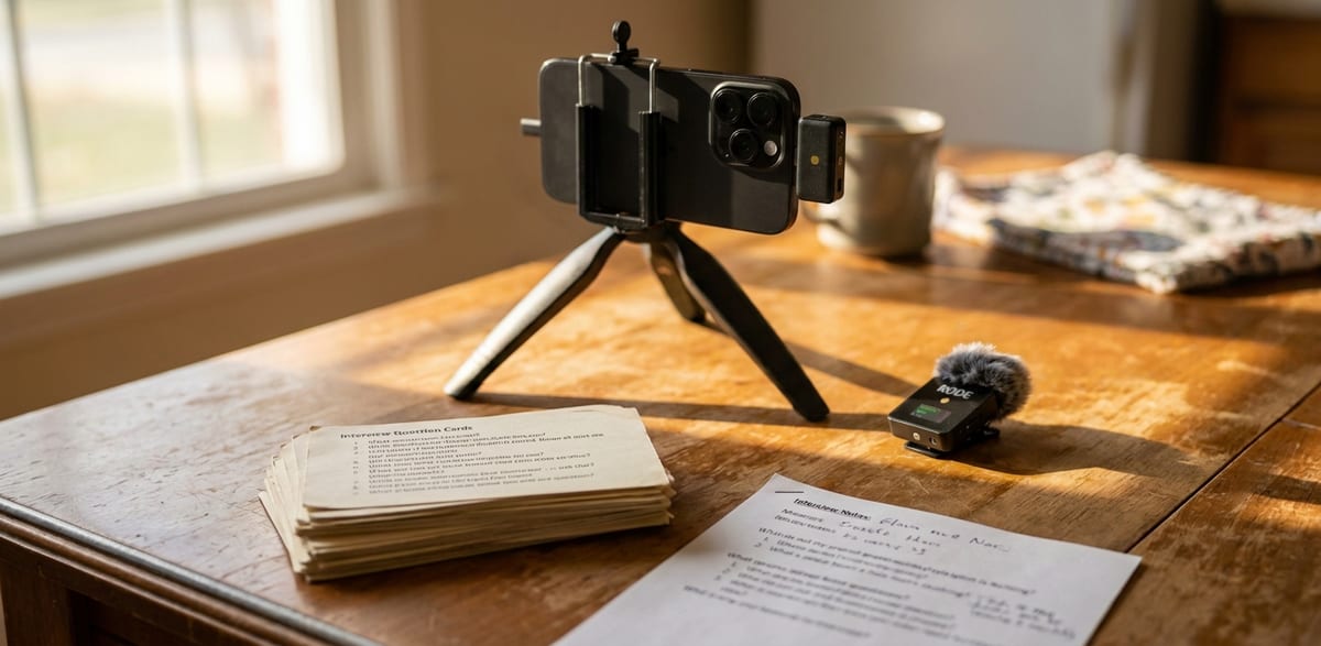 An iPhone on a small tripod with a wireless clip-on mic and printed interview questions on the table
