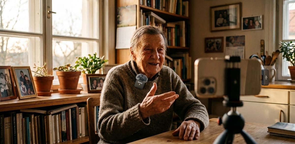 A grandparent mid-story being filmed on a phone with a wireless clip-on mic