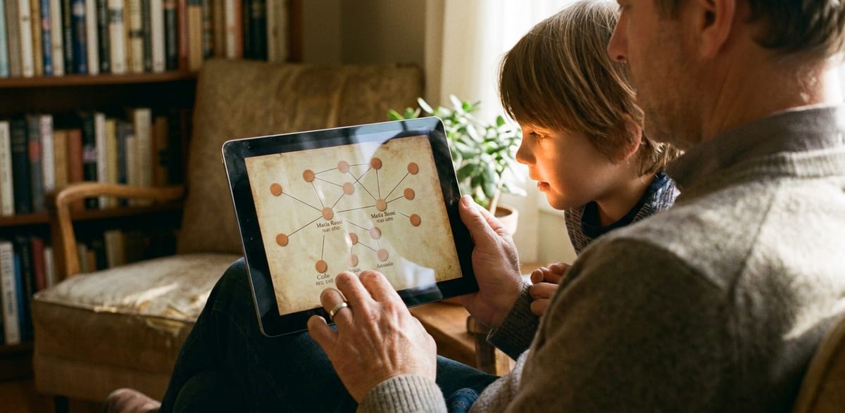 A parent and grandchild watching the family archive together on a tablet