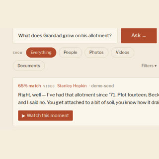 A demo search result for "What did Grandad grow on his allotment?" returning a 90% match transcript moment