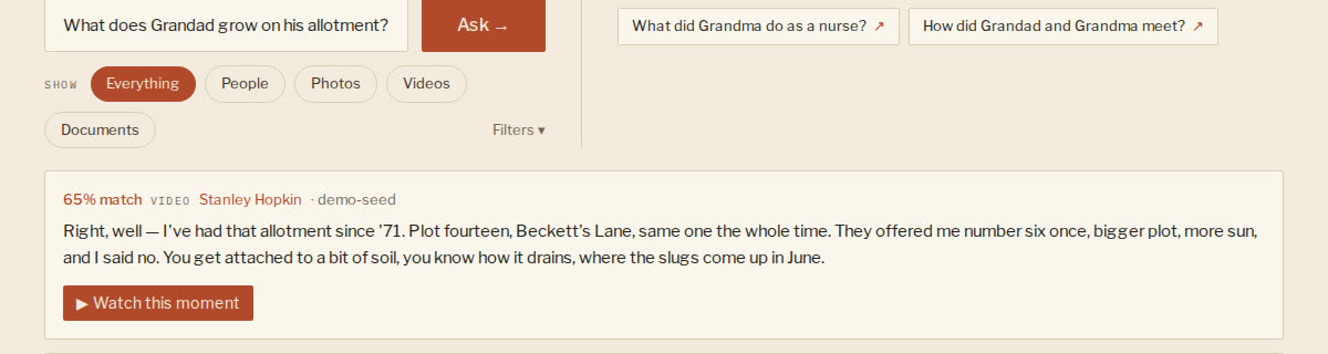 The Ask the archive panel returning a real matched moment from a recorded interview