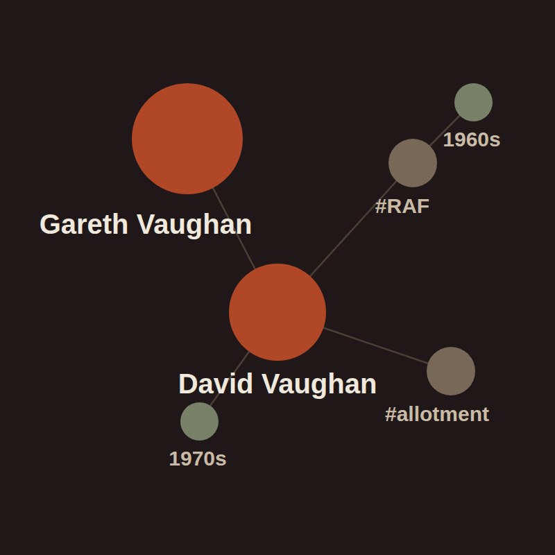 A node graph connecting family members through tagged topics and decades