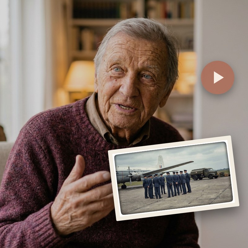 A grandfather mid-interview on video, with an old RAF photograph overlaid